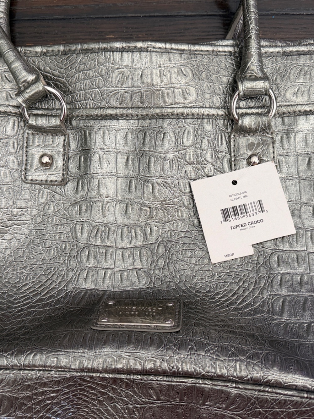 Nine West Metallic Silver Croc-Embossed Tote